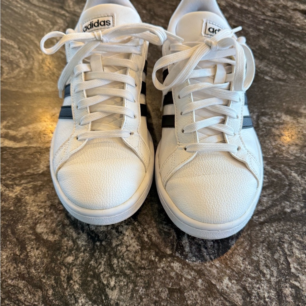 Adidas White Sneakers with Black Stripes